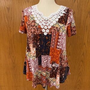 Anydeer V-neck Short Sleeve Shirt Patchwork Pattern Lace Navy Black Brown Maroon